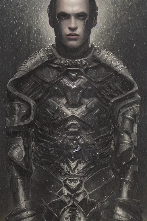 Image similar to portrait of beautiful gothic and futuristic young man, warcraft, cyber and rocks armor, a lot of more and more scars, thunderstorm, black with white head, the middle ages, highly detailed, artstation, illustration, more and more composision, 8 k quality, art by jean delville, rene magritte