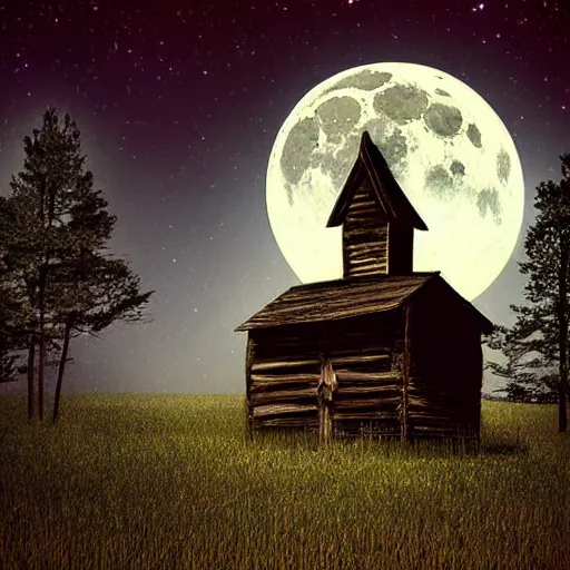 Image similar to towering forgotten cabin. masterpiece digital art, nightmare. lonely. dark, scary. endless tall trees in the background. scary morbid scarecrow in for ground. nighttime. dreamlike. the moon shines.