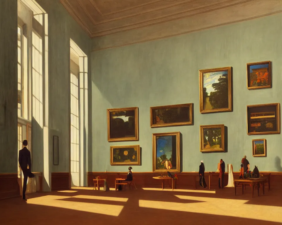 Prompt: an achingly beautiful print of the interior of a posh art museum with framed masterpieces covering the walls, potted plants, and classical antiquities by Raphael, Hopper, and Rene Magritte. detailed, romantic, enchanting, trending on artstation.