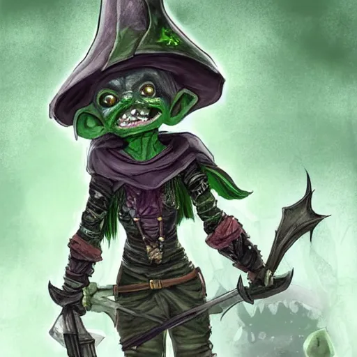 Image similar to cute tiny goblin girl with green skin wearing hunter armor from Bloodborne and a wizard hat, d&d, art by Shadbase