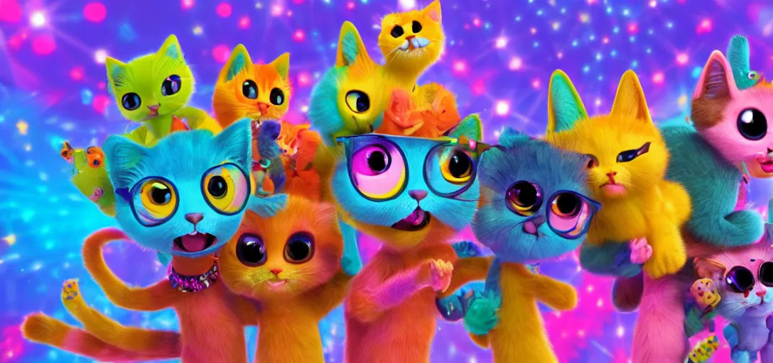 Prompt: disco dance party for adorable and cool kittens, highly detailed, Pixar, anamorphic lens