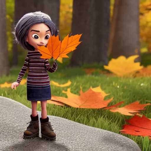 Prompt: a cute stopmotion animation character, a beautiful canadian woman, gardening, very attractive, spiky dark brown and grey hair, striped sweater, tight denim jeans, maroon doc marten boots, canadian maple leaves blowing about, mountains, autumn, unreal engine 5, 8 k, kubo and the two strings, disney, pixar,