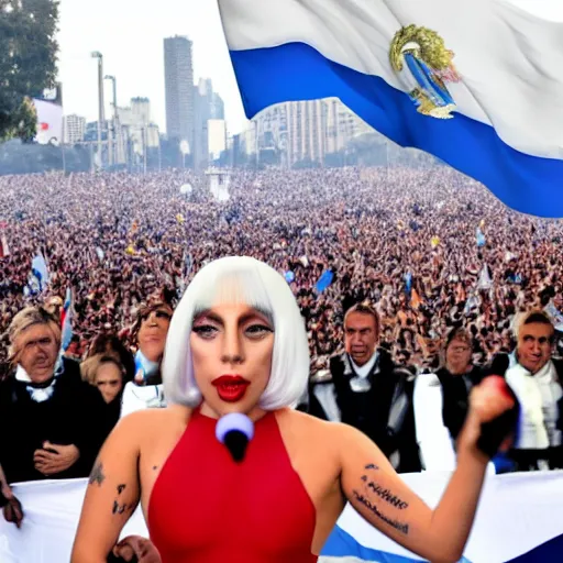 Image similar to Lady Gaga as president, Argentina presidential rally, Argentine flags behind, bokeh, giving a speech, detailed face, Argentina