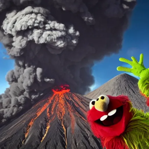 Image similar to a group of muppets are screaming in front of a erupting vulcano, 4 k, detailed