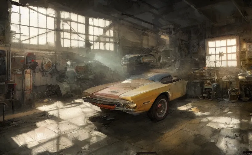 Image similar to an old garage interior interior, painting by Craig Mullins, octane rendering, soft lighting, wide angle lens, low view, in the style of Pixar animation, trending on artstation,