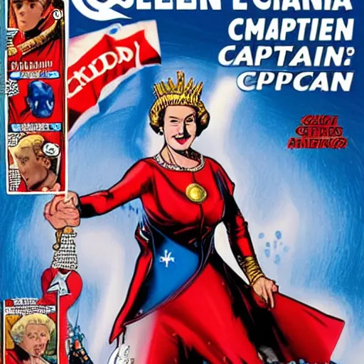 Image similar to Queen Elizabeth as Captain Britainica from Marvels Avengers, age of Duracell