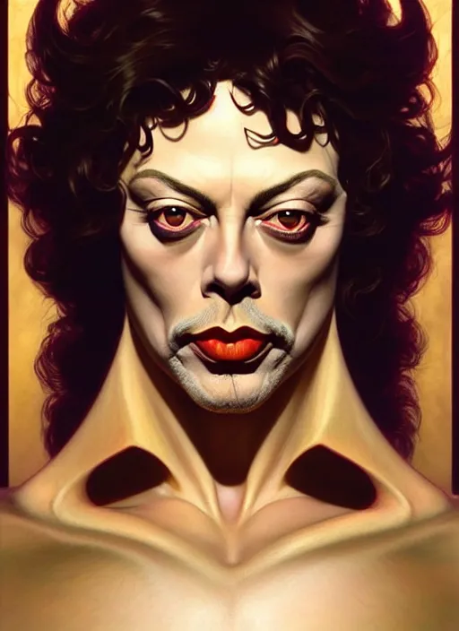 Image similar to perfectly detailed tim curry legend!! blessed by nature with ever - increasing physical mental perfection, symmetrical! intricate, sensual features, highly detailed, biblical divine holy perfection!! digital painting, artstation, concept art, smooth, sharp focus, illustration, art by artgerm and greg rutkowski and alphonse mucha