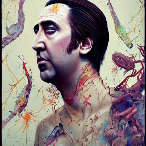 Image similar to beautiful portrait of Nic Cage by Tristan Eaton and Stanley Artgerm and Tom Bagshaw, Greg Rutkowski Carne_Griffiths