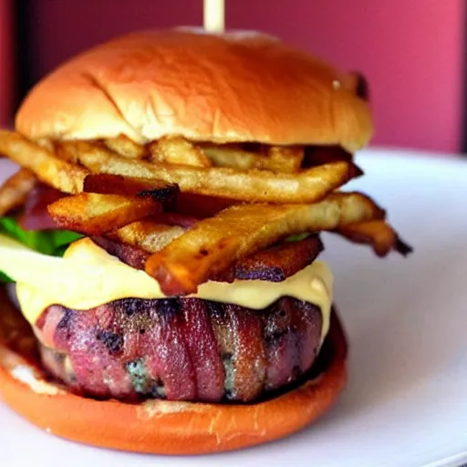 Prompt: bacon wrapped bacon burger with bacon soda and bacon fries