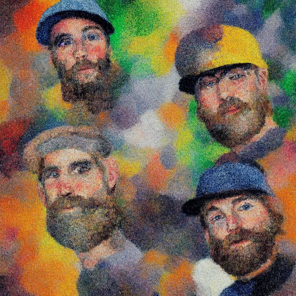 Image similar to colorful portrait of a white man with a black baseball cap, brown beard, and grey shirt on the summit of a forested mountain in the style of pointillism, abstract art, wide selfie