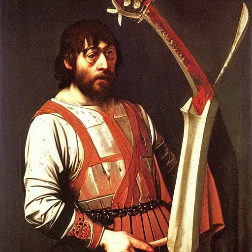 Image similar to Alfred the Great wielding a blood stained sword. Painted by Caravaggio, high detail