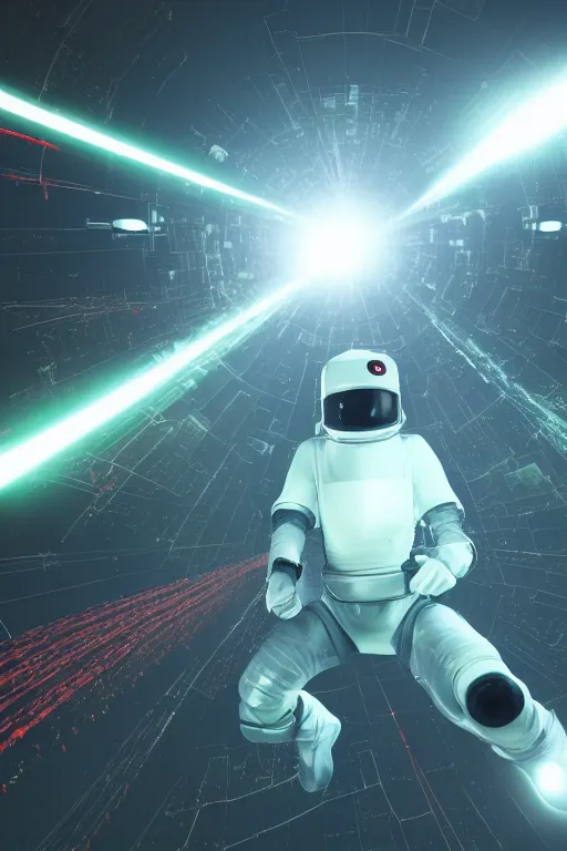 Image similar to wide view of futuristic spacemen firing lasers in zero gravity, floating, in the sky, bright white light, hiding behind obstacles, surrounded by a square laser grid, unreal engine, lensflares, low perspective, fish eye