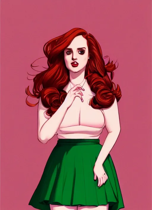 Image similar to full body portrait of teenage cheryl blossom, obese, bangs, green eyes, sultry expression, red hair, sultry smirk, bangs and wavy hair, pink skirt, fat, intricate, elegant, glowing lights, highly detailed, digital painting, artstation, concept art, smooth, sharp focus, illustration, art by wlop, mars ravelo and greg rutkowski