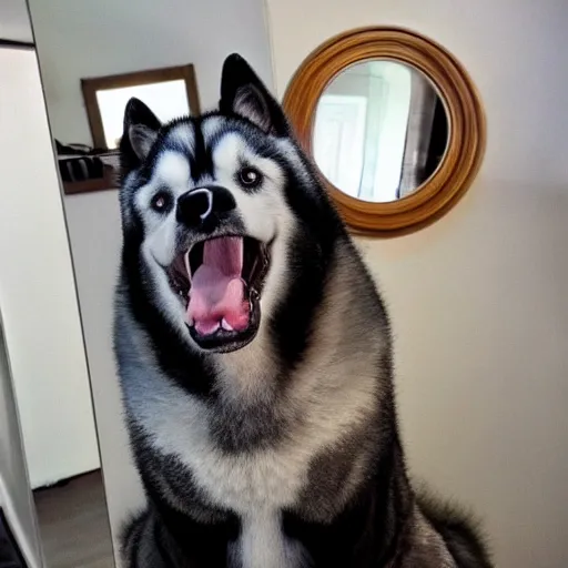 Prompt: an extremely muscular husky dog posing in front of a mirror