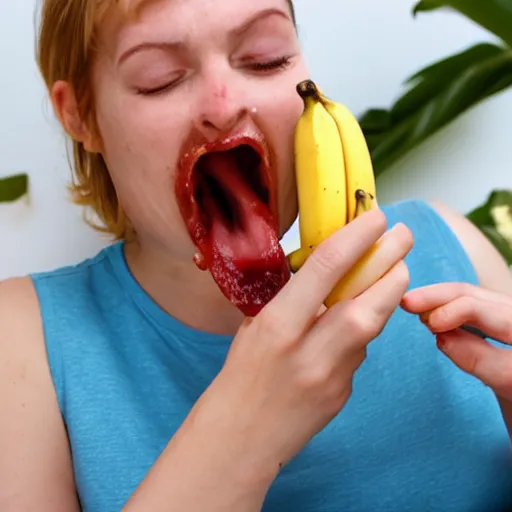Prompt: photo of a person unable to eat banana properly