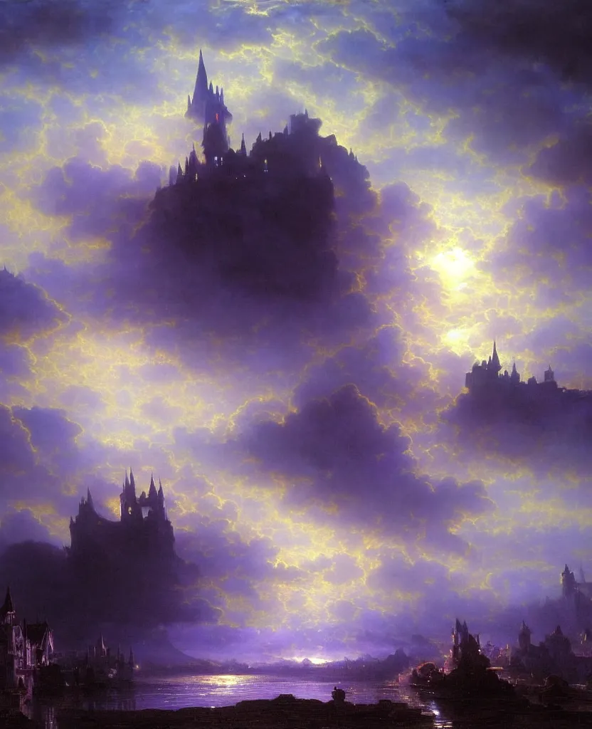 Image similar to beautiful matte airbrush painting of a of a fantasy landscape made of clouds with a european medieval castle made of light in the distance, ispired by gilbert williams, clear painting and good lighting, dark blue and intense purple color palette, mystical fog, art by yoshitaka amano, andreas achenbach, alfons mucha