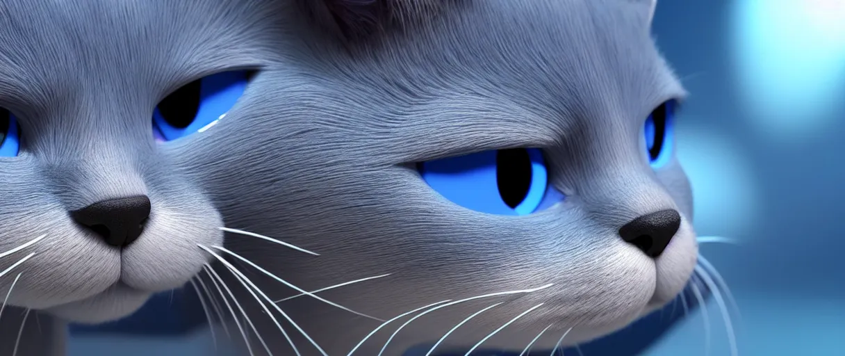 Prompt: hyperrealistic detailed close-up 3d render of a sad cute blue cat with round puppy eyes sharp cinematic lighting vray 8k low angle shallow depth of field