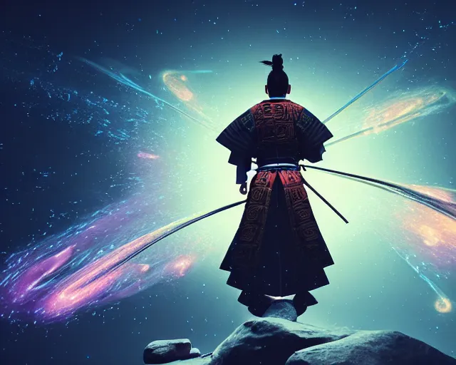 Image similar to a graceful samurai made of a illuminated star chart running through a space nebula by greg rutkowski, high key lighting, volumetric light, digital art, highly detailed, fine detail, intricate, ornate, complex, octane render, unreal engine, photorealistic