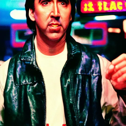 Image similar to Nicholas Cage in a 1980s arcade, colorful, dramatic lighting, intense pose, realistic photo