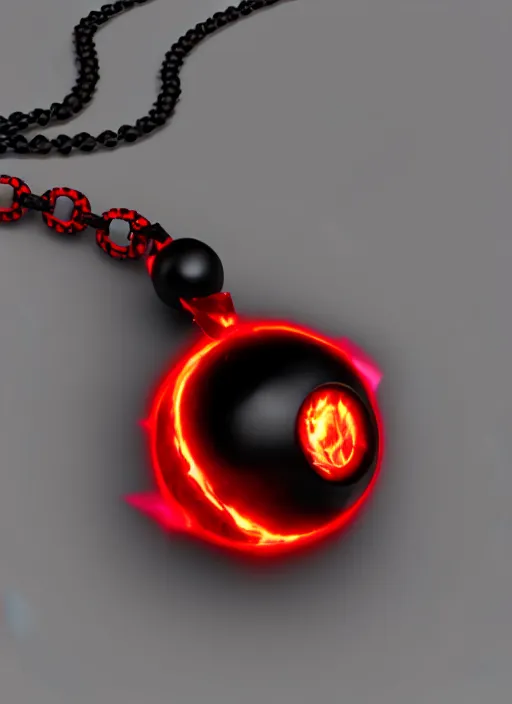 Image similar to rpg item, a black necklace with a bright red crystal pendant in flames, Unreal 5, DAZ, hyperrealistic, rpg style, octane render, dynamic lighting