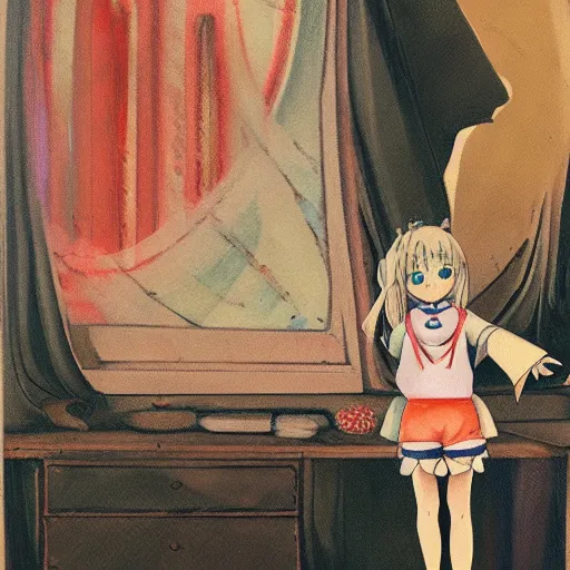 Image similar to little girl with an small curvy blonde hair wearing an sailor suit, artwork in made in abyss art style, inspired in balthus, high details