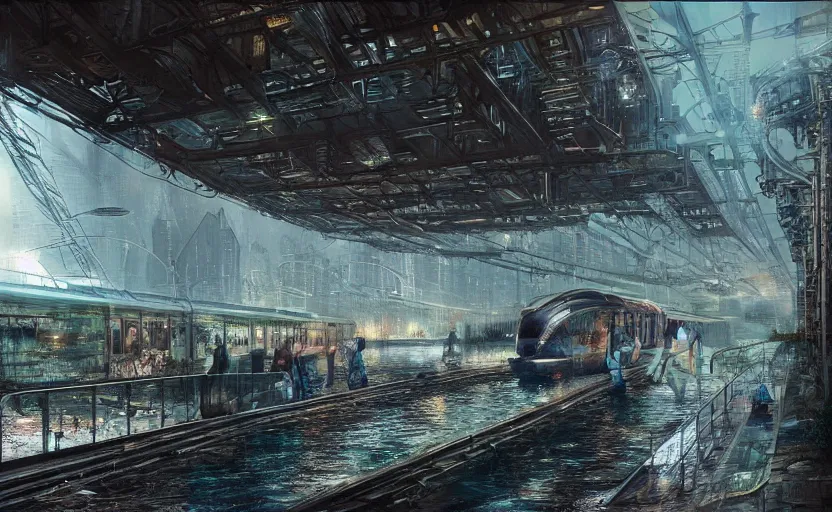 Image similar to An urban train rides inside of a waterway on a fantasy city, hyperrealistic mixed media, stunning 3d render inspired art by P. Craig Russell and Barry Windsor-Smith + perfect facial symmetry + dim volumetric lighting, 8k octane beautifully detailed render, post-processing, extremely hyperdetailed, intricate futuristic mechanic parts, epic composition, grim yet sparkling atmosphere, cinematic lighting + masterpiece, trending on artstation