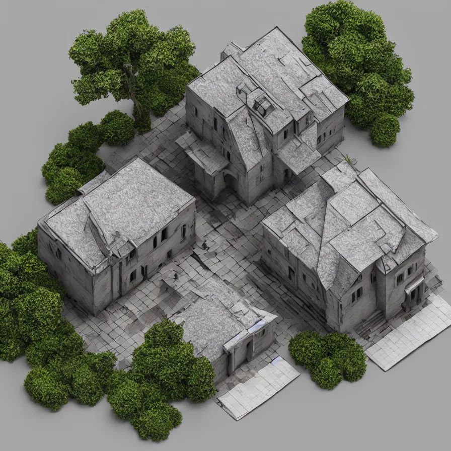 Prompt: architectural model, isometric view, 3 d render, studio lighting, low contrast, dark background, highly detailed, a house with circular courtyard, tree