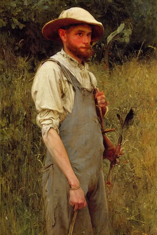 Prompt: Solomon Joseph Solomon and Richard Schmid and Jeremy Lipking victorian genre painting full length portrait painting of a young peasant farmer working in the field, red background