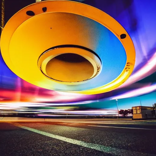 Prompt: A flyng saucer, plain, colorful, portholes, lights, beautiful, DSLR, blue sky