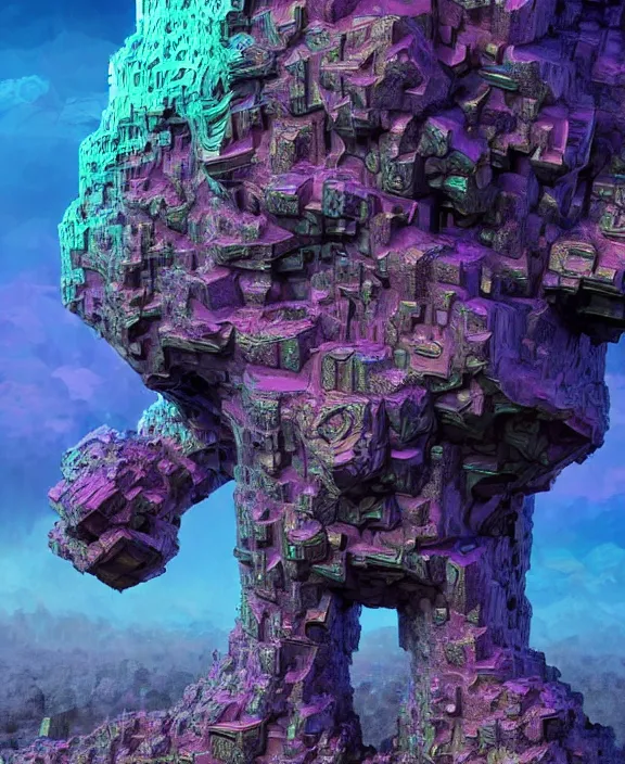 Image similar to concept art of giant fractal bismuth golem consists of bismuth geodes, fractalization, extremely high details, masterpiece, photorealistic, hyperrealism, vray, octane render, volumetric lighting, depth of field, bokeh, artstation, cgsociety by johannen voss, michael whelan, greg broadmore, frank frazetta