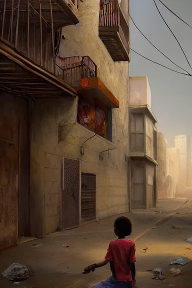 Image similar to alley in a big african city, a lonely kid, summer, david febland, artstation, matte painting