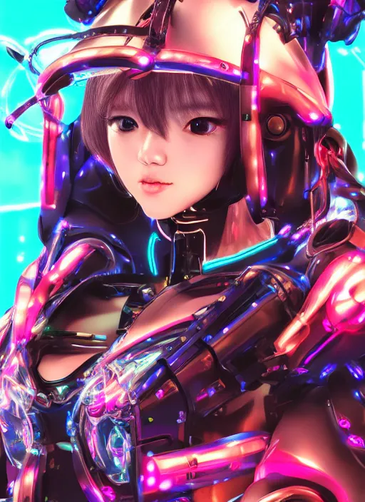 Image similar to a highly detailed portrait of a kpop idol mecha lady in spiked cyberpunk bioarmor trending on artstation by yoshitake amano, holographic undertones, 3 d cg, octane rendered, highly saturated colors, futuristic, 2 k aesthetic, dramatic lighting, 4 k