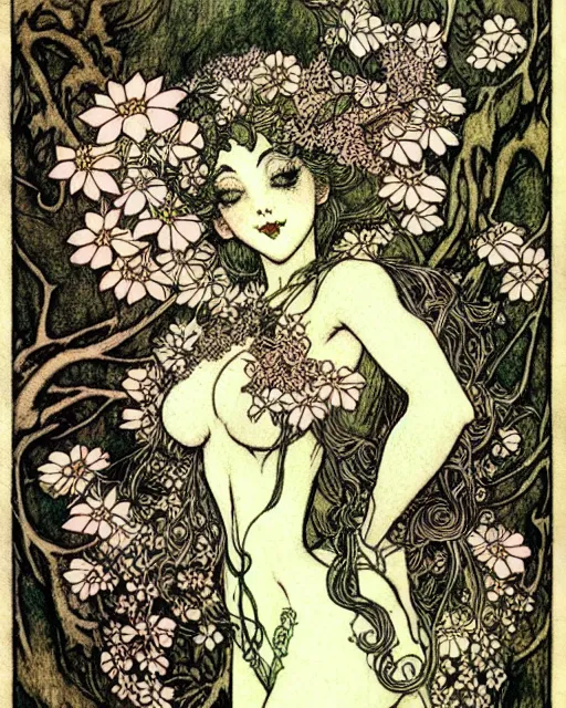 Image similar to burlesque elf, flowers in hair, fantasy character portrait, ultra realistic, concept art, intricate details, art nouveau, japanese woodblock, cinematic, highly detailed by arthur rackham