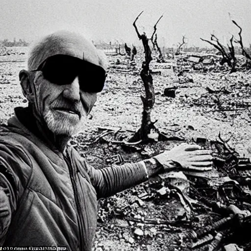 Image similar to last selfie of last alive ukrainian very damaged body to bones after a nuclear strike, a nuclear explosions in the background, dead bodies everywhere, 2 0 2 2