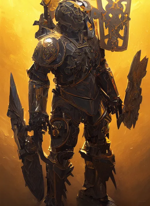 Image similar to dynamic abstract portrait of a intricate glorious holy mechanical warforged character in yellow armor holding a paladin engraved great longsword drawn and carrying a big paladin shield, beam glowing eye , epic , trending on ArtStation, masterpiece, cinematic lighting, by Ross Tran and by Greg Rutkowski