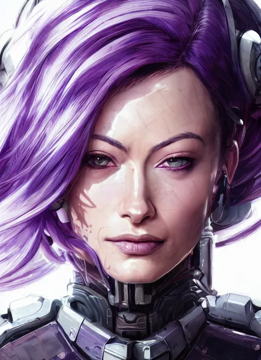 Image similar to close up portrait of a pale olivia wilde in sci - fi power armor with purple hair, powerful, domineering, stoic, masterful, intense, ultrafine hyperdetailed illustration by kim jung gi, irakli nadar, intricate linework, sharp focus, octopath traveler, yoji shinkawa, highly rendered, detailed, concept art