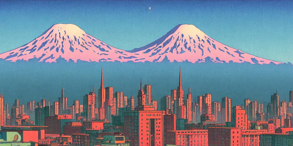 Image similar to skyline of a large metropolis, mount rainier looming in the background, acid and dreaming psychedelic hallucinations, by kawase hasui, moebius and edward hopper, hd, 8 k, artstation, sharp focus, smooth, masterpiece