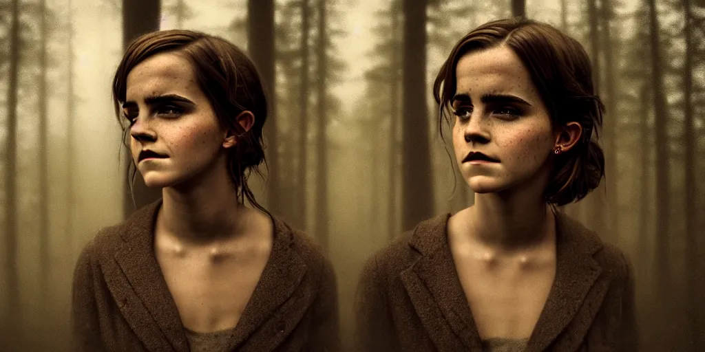 Image similar to portrait bust of emma watson, solemn expression, faded color film, russian cinema, tarkovsky, kodachrome, old cabin, next to window, heavy forest outside, long brown hair, old clothing, heavy fog, hudson river school, 4 k, dramatic lighting, greg rutkowski