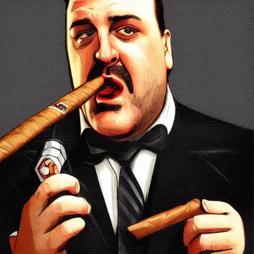 Image similar to chunky artist ethan van sciver as tony soprano, with a cigar, artstation, real photo