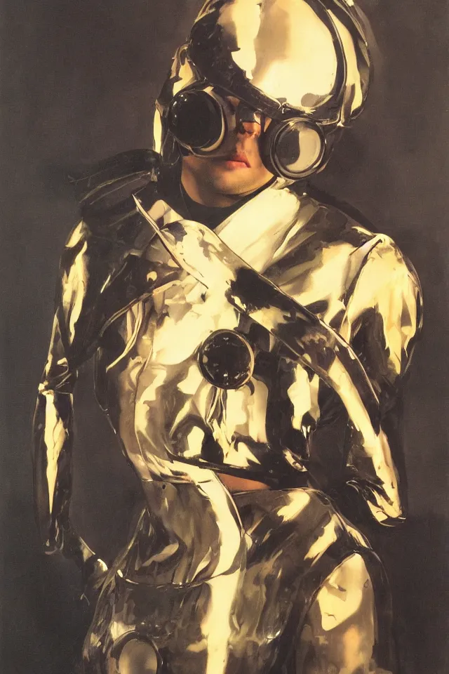 Image similar to androgynous ninja shaman tunic made of latex, radio goggles, techwear, iridiscent light, high key, cinematic lighting at night, neon, phil hale, boris vallejo, syd mead, masterpiece