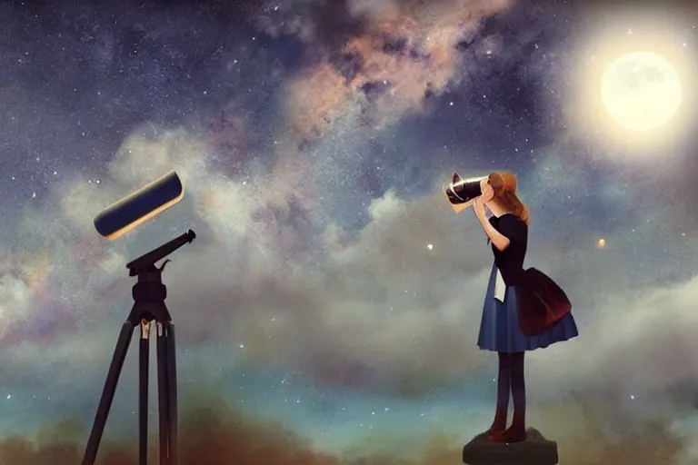Prompt: an astronomy teacher looking up on a telescope, moon, clear skies, starry skies by Charlie Bowater