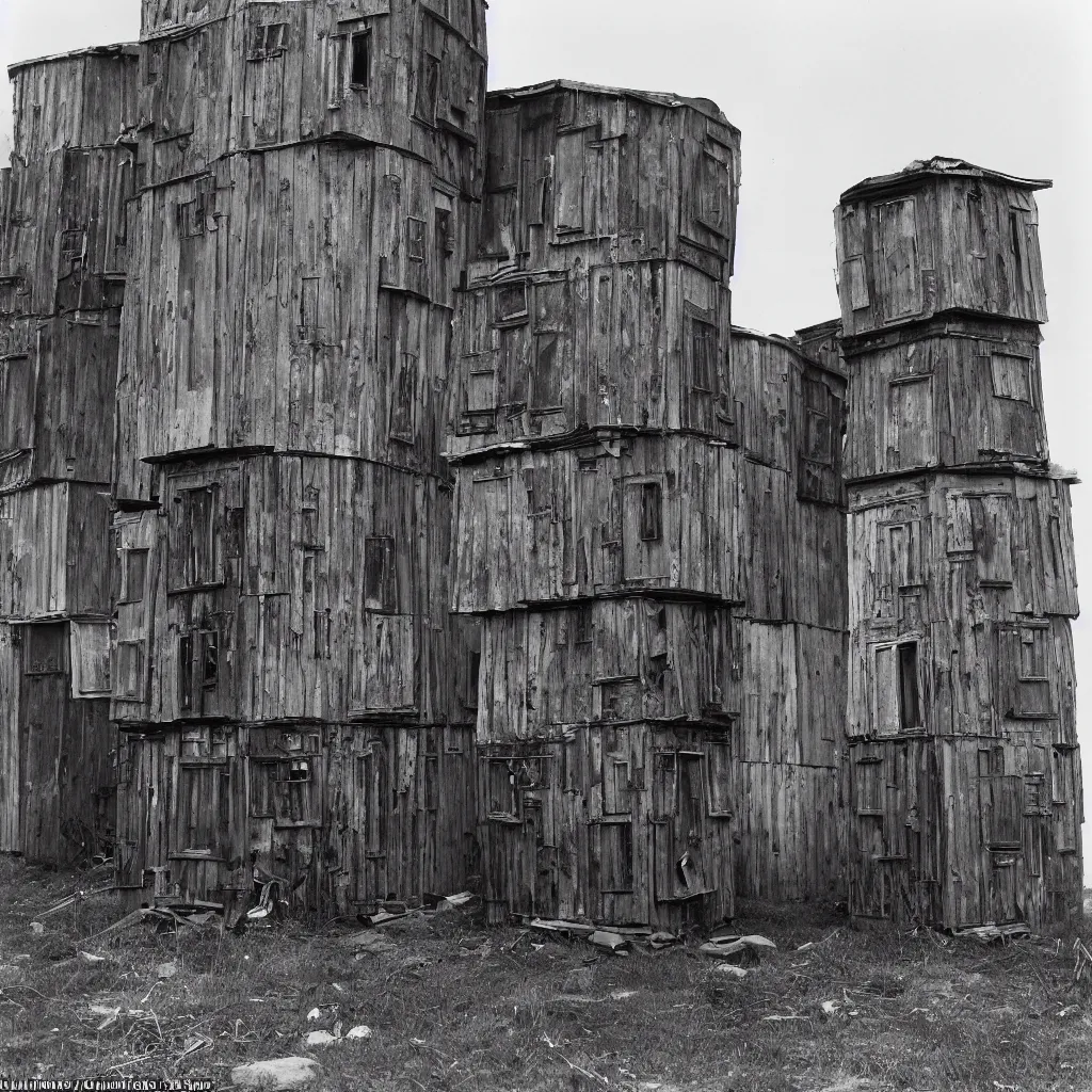 Image similar to two round towers, made up of makeshift squatter shacks, dystopia, mamiya rb 6 7, fully frontal view, very detailed, photographed by ansel adams