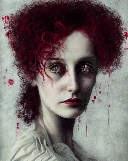 Prompt: beautiful but sinister sisters in layers of fear, with haunted eyes and curly hair, 1 9 7 0 s, seventies, delicate embellishments, a little blood, crimson, painterly, offset printing technique, mary jane ansell