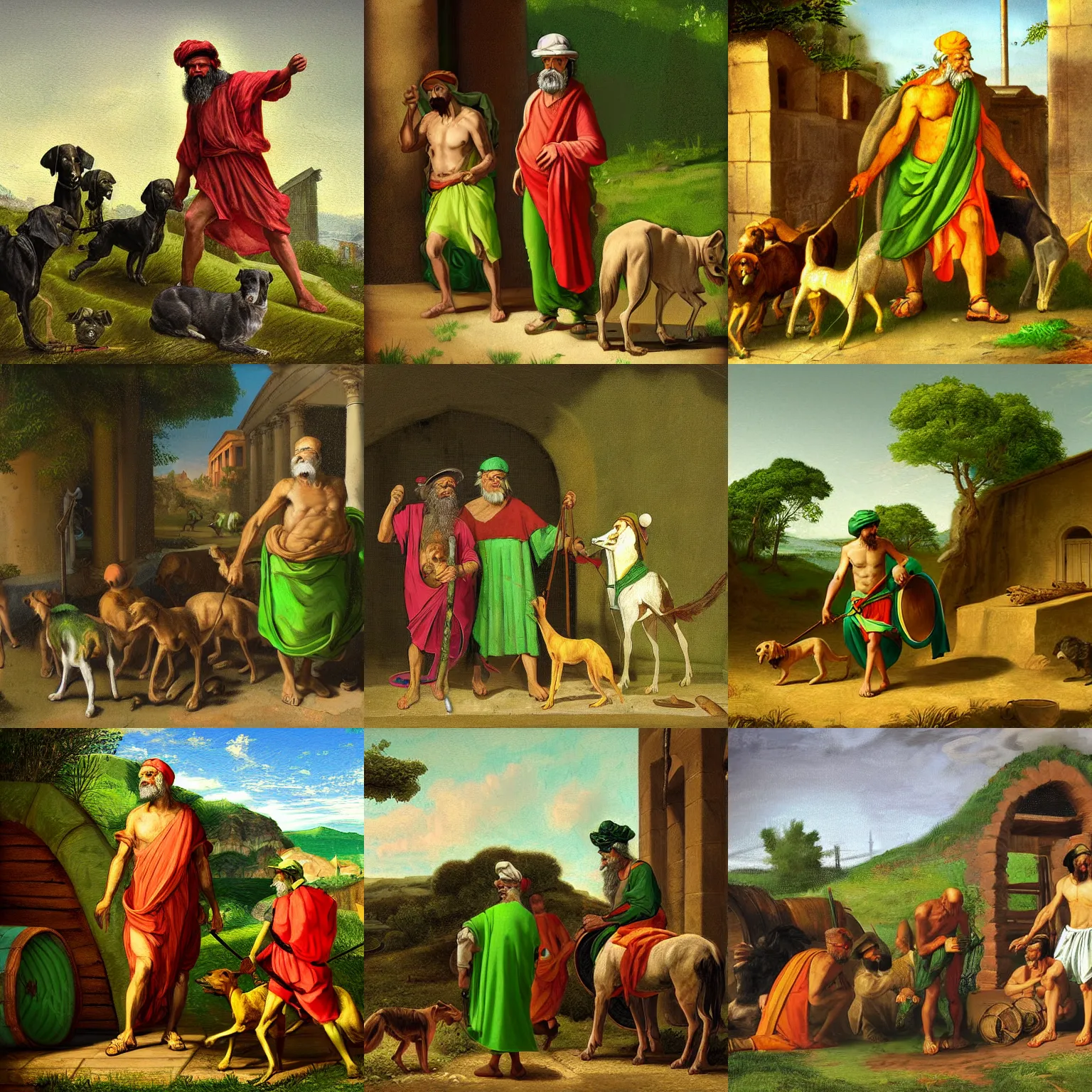 Prompt: Diogenes wearing a bright green cap, near his barrel home, with stray dogs, highly detailed, digital painting