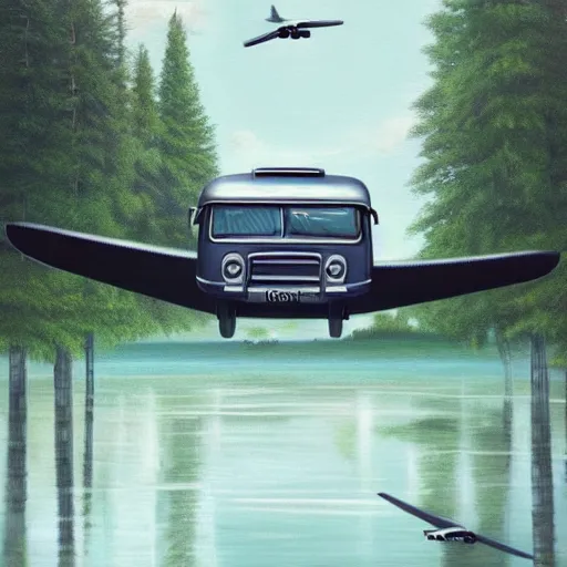 Image similar to a [ 5 0 s bus infused with airplane wings ] flies above a forest and lake, [ oil painting ]!!, trending on cgsociety, 4 k