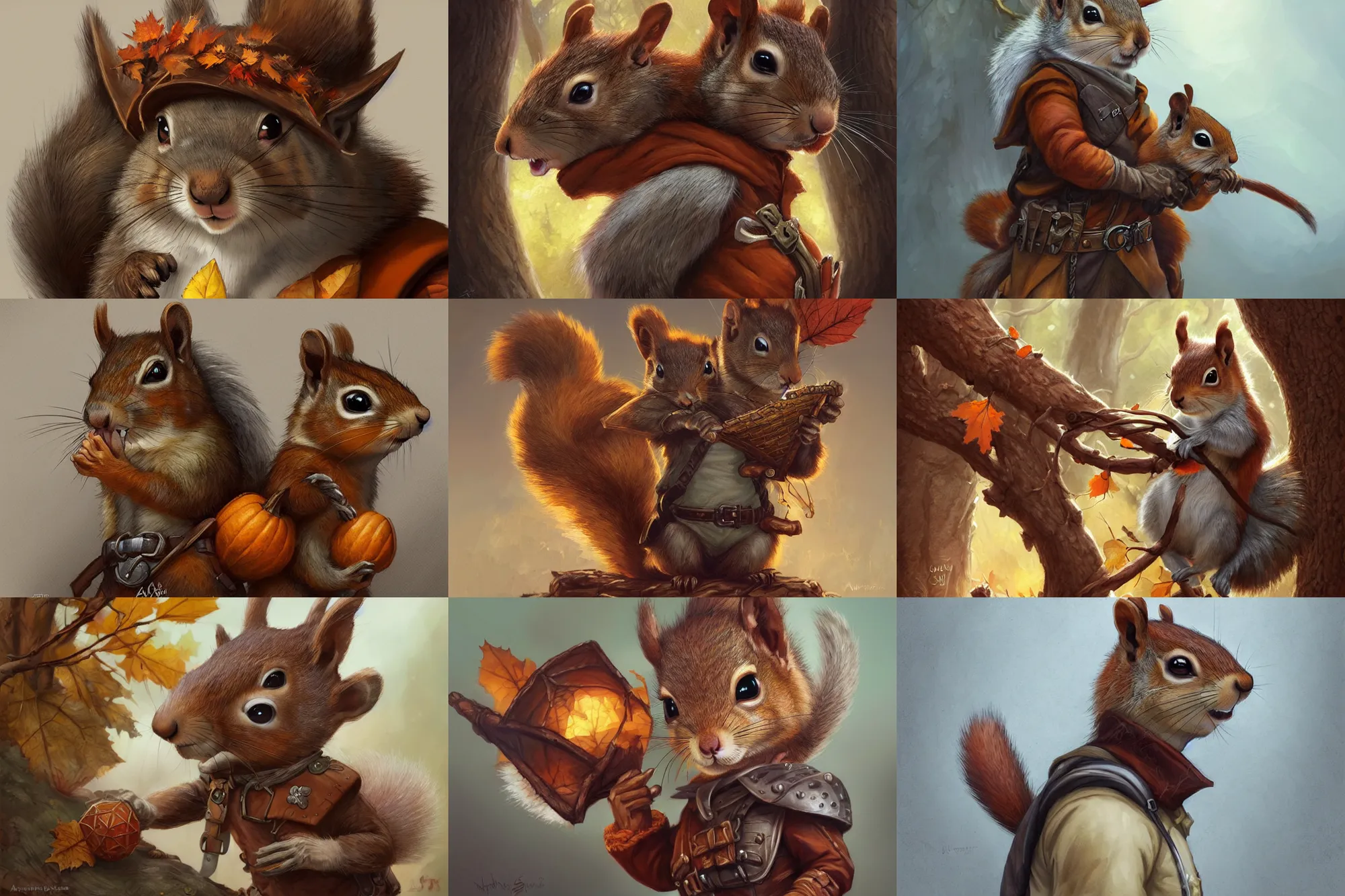 Prompt: cute autumnal anthropomorphic squirrel ranger, d & d, fantasy, portrait, highly detailed, digital painting, trending on artstation, concept art, sharp focus, illustration, art by artgerm and greg rutkowski and magali villeneuve