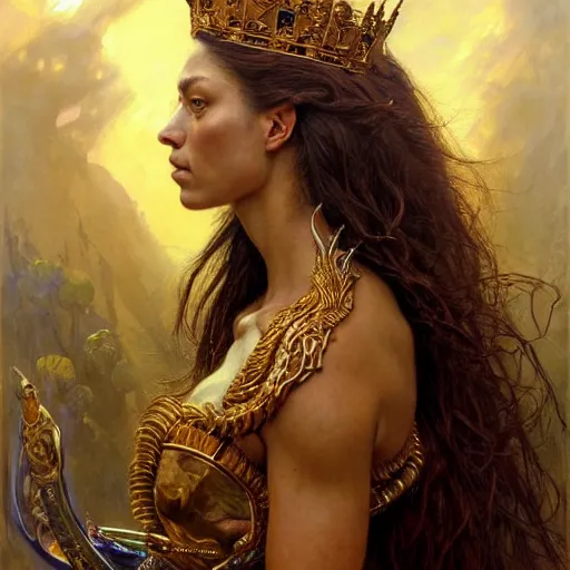 Image similar to highly detailed portrait of a majestic lioness queen in the form of a beautiful woman. d & d. art by donato giancola, eugene delacroix, ruan jia, martin schoeller. trending on artstation, intricate details, energetic composition, golden ratio, concept art, illustration, elegant art, global illuminaition