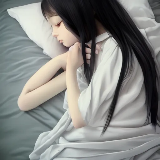Image similar to little girl with an long black hair dressed in a simple white dress sleeping, anime art style, digital art ilya kuvshinov, inspired by balthus, hd, 4 k, hyper detailed, top view, dark, anatomically correct, angelic face
