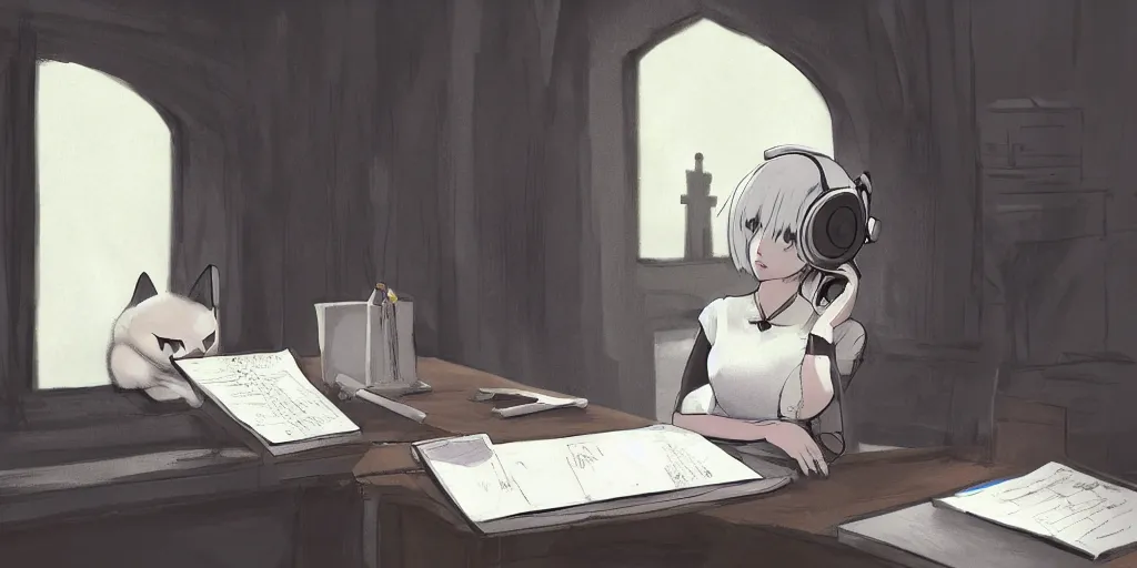 Image similar to 2b from nier automata sitting at a desk studying with headphones on, there's a cat sleeping on the desk, background is a tinted window looking out into a white church, Ghibli studio art, high quality anime, digital art, detailed facial features, imaginary slice of life