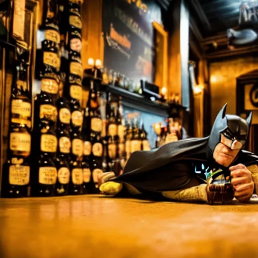 Image similar to batman lying on the floor in a pub surrounded by beer bottles, 8 k photography, golden hour